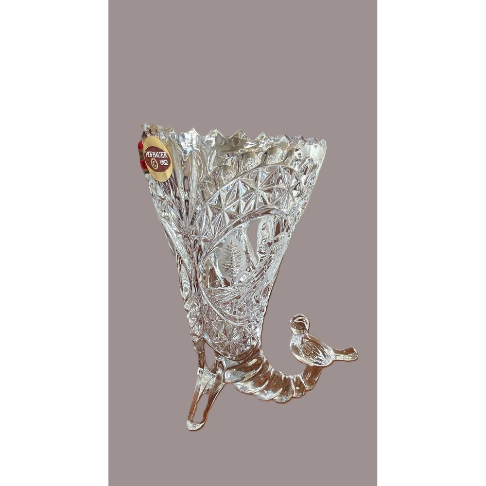 Hofbauer Byrdes Crystal Cornucopia Vase 6" Clear Vintage 1982 Bird